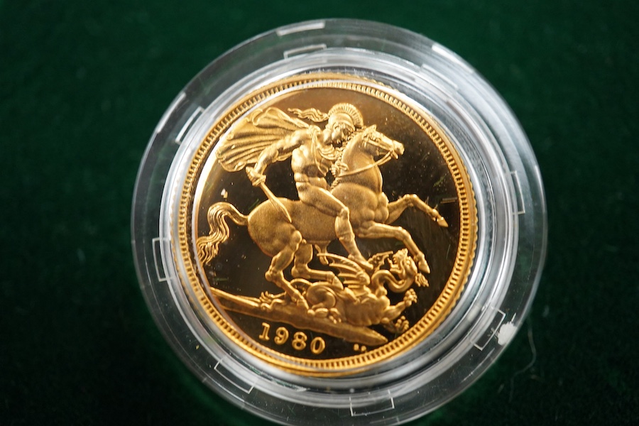 British Gold coins, QEII, gold proof sovereign, 1980, in case of issue with certificate